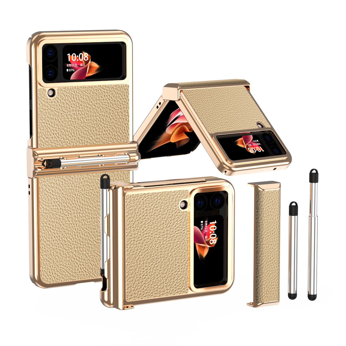 Luxury Leather Case For Samsung Galaxy Z Flip6/Flip5/Flip4/Flip3 With Double Hinge + Retractable Stylus