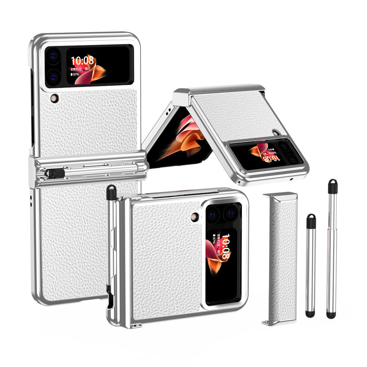 Luxury Leather Case For Samsung Galaxy Z Flip6/Flip5/Flip4/Flip3 With Double Hinge + Retractable Stylus