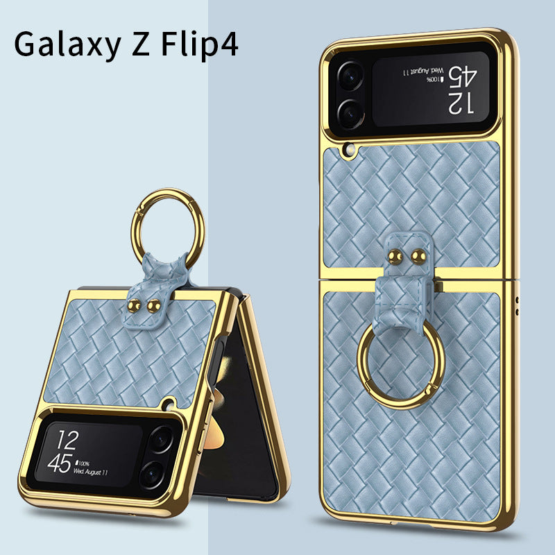 Leather Weaving Case For Samsung Galaxy Z Flip4 5G With Back Screen Protector And Ring Holder