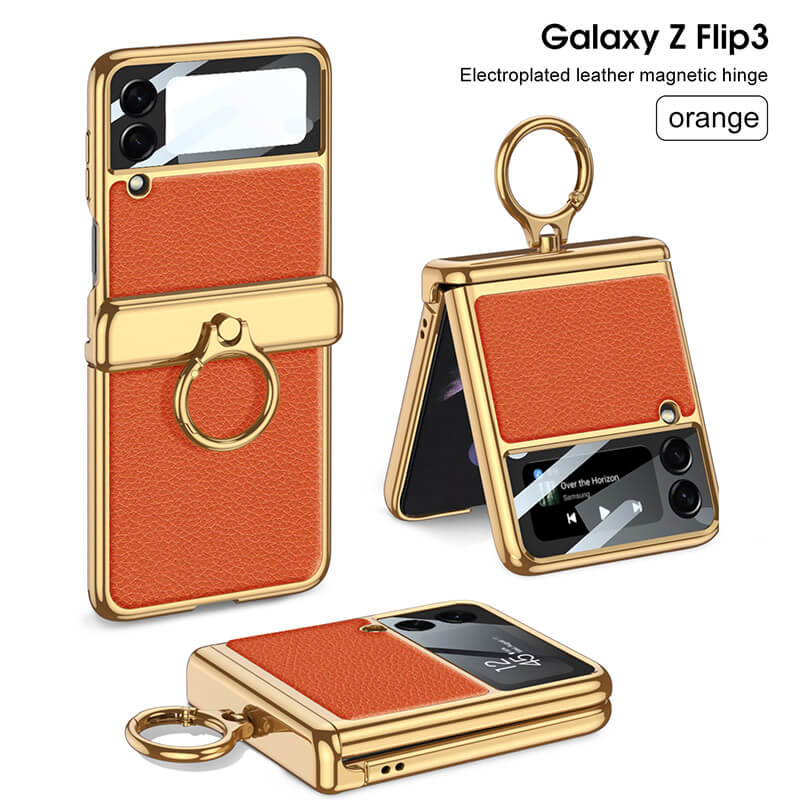 Golden Frame Leather Magnetic Hinge Ring Holder Case For Samsung Galaxy Z Flip5 Flip4 Flip3