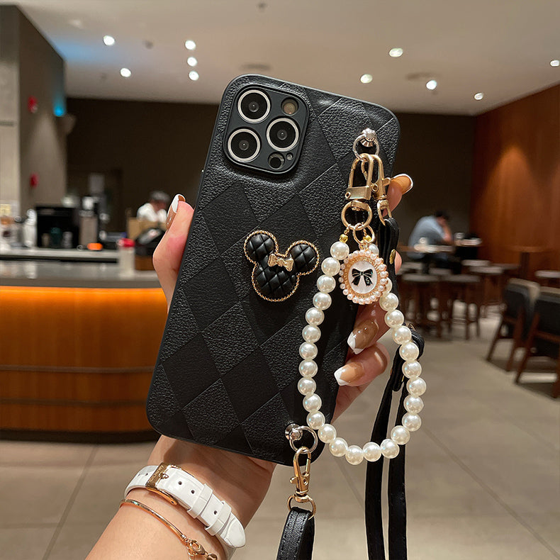 Stylish Leather Mickey iPhone Case With Pearl Bracelet + Strap
