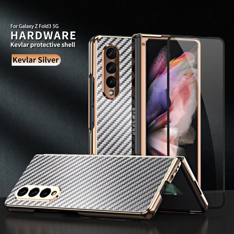 Golden Frame Carbon Fiber Tempered Glass Film Phone Case For Samsung Galaxy Z Fold 3 5G