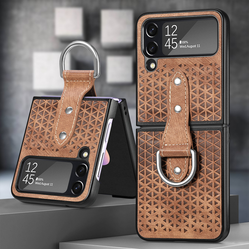 Leather Cutout Pattern Ring Galaxy Z Flip4 5G Case Support Wireless Charging