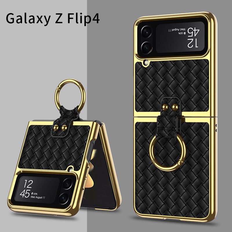 Leather Weaving Case For Samsung Galaxy Z Flip4 5G With Back Screen Protector And Ring Holder