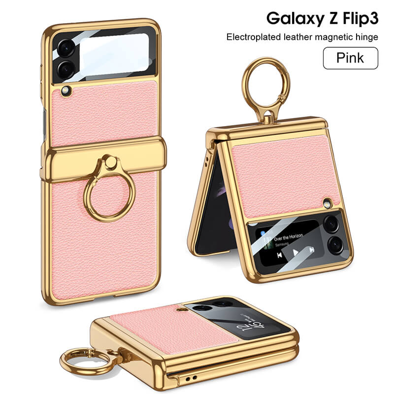 Golden Frame Leather Magnetic Hinge Ring Holder Case For Samsung Galaxy Z Flip5 Flip4 Flip3
