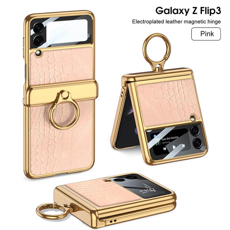 Golden Frame Leather Magnetic Hinge Ring Holder Case For Samsung Galaxy Z Flip5 Flip4 Flip3