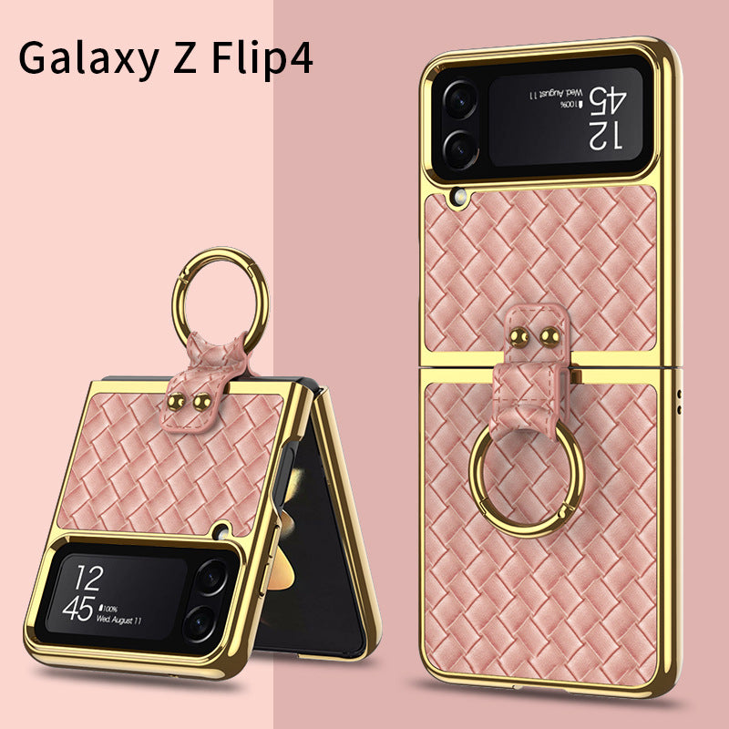 Leather Weaving Case For Samsung Galaxy Z Flip4 5G With Back Screen Protector And Ring Holder