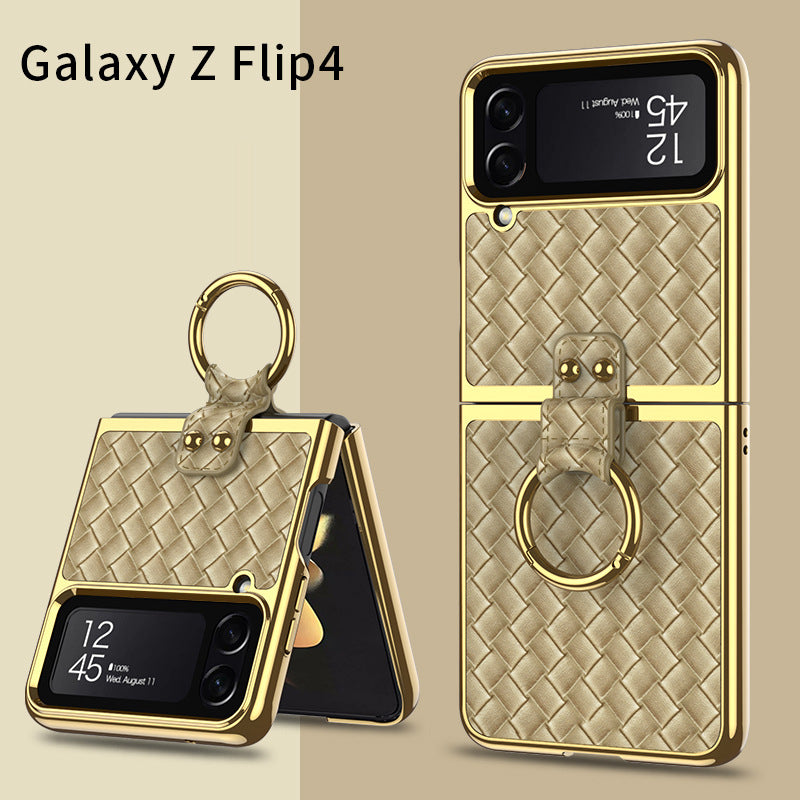 Leather Weaving Case For Samsung Galaxy Z Flip4 5G With Back Screen Protector And Ring Holder