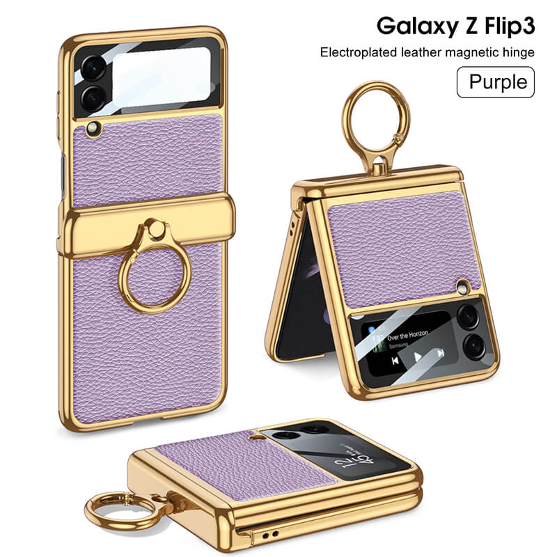 Golden Frame Leather Magnetic Hinge Ring Holder Case For Samsung Galaxy Z Flip5 Flip4 Flip3