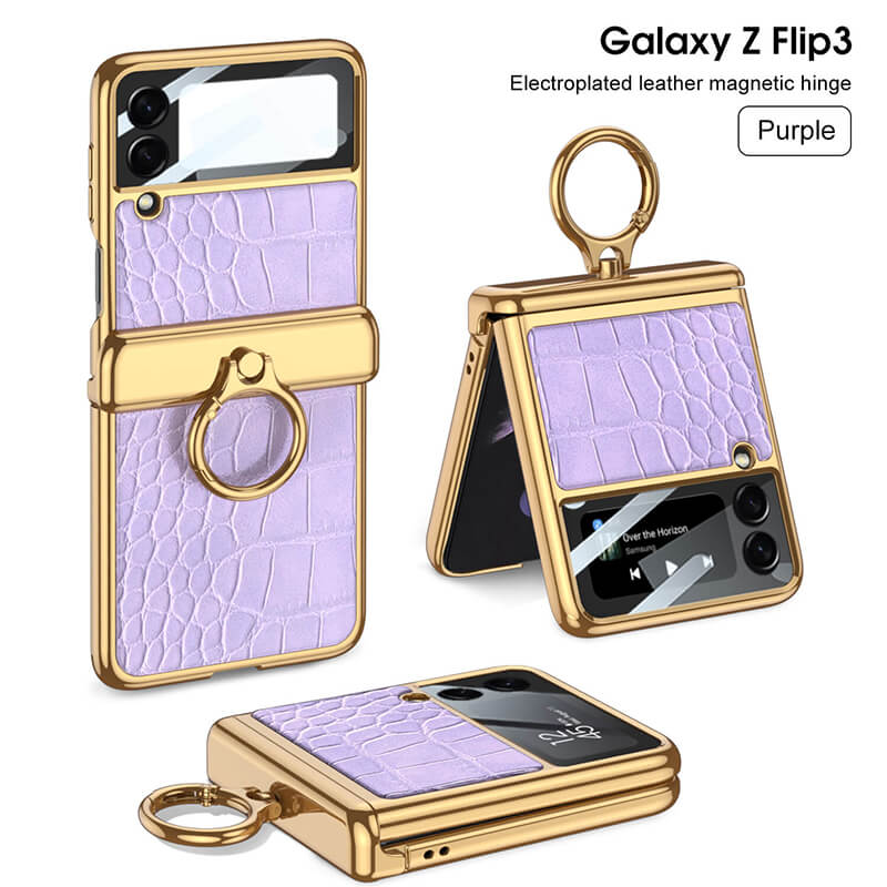 Golden Frame Leather Magnetic Hinge Ring Holder Case For Samsung Galaxy Z Flip5 Flip4 Flip3