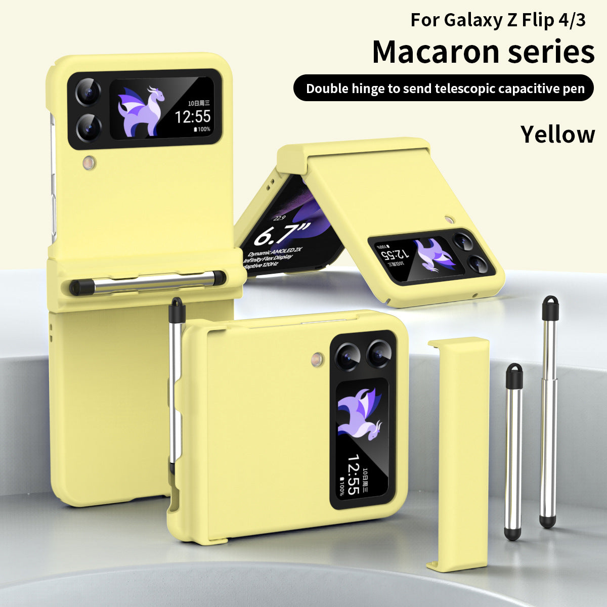 Macaron Hinged All-Inclusive Drop-Proof Cover with Stylus for Samsung Galaxy Z Flip4 5G