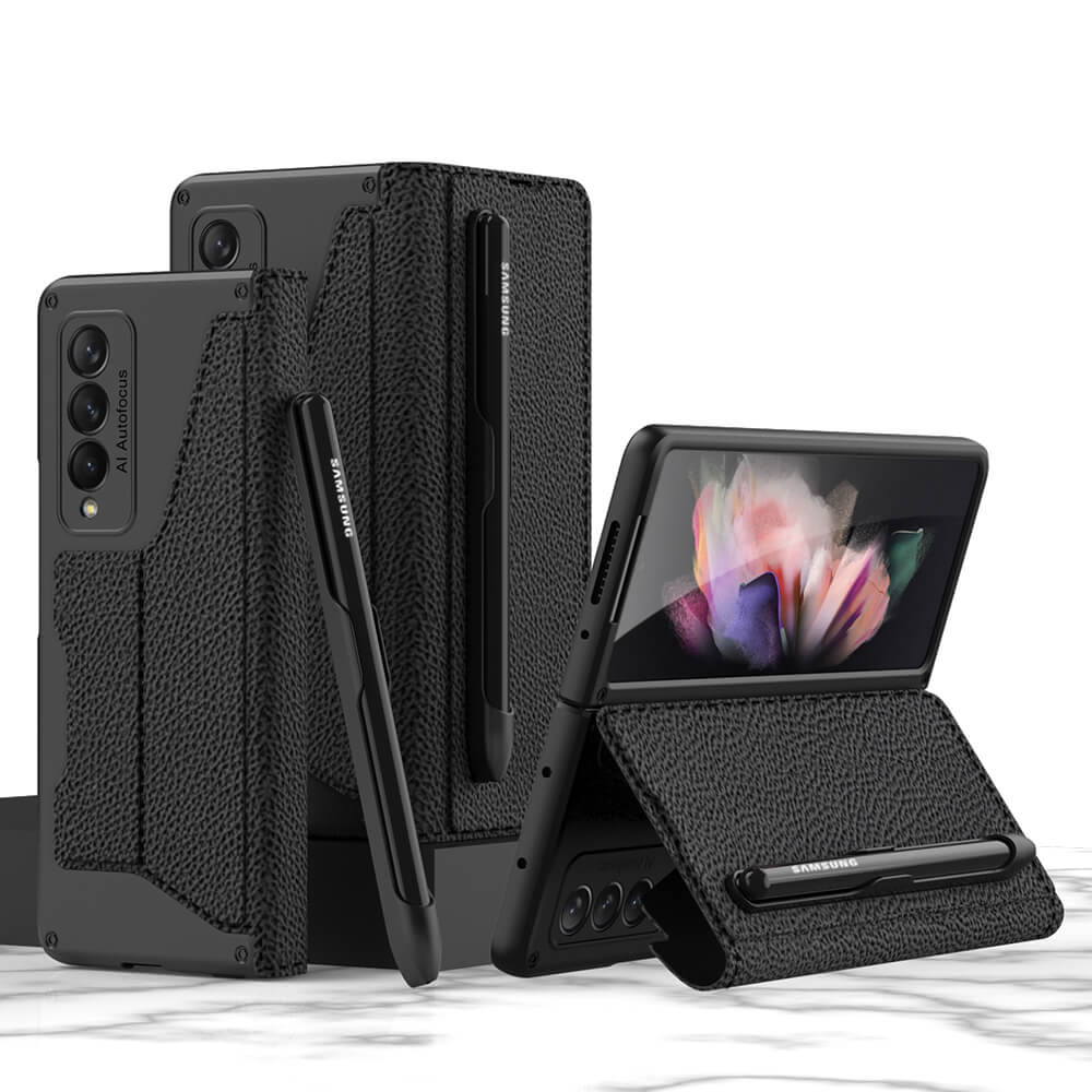 Leather Pen Holder Armor Back Case For Samsung Galaxy Z Fold 3 5G