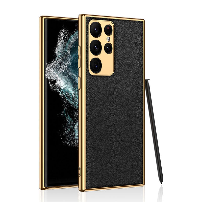 Golden Frame Leather Phone Case For Samsung Galaxy S21/22 Series