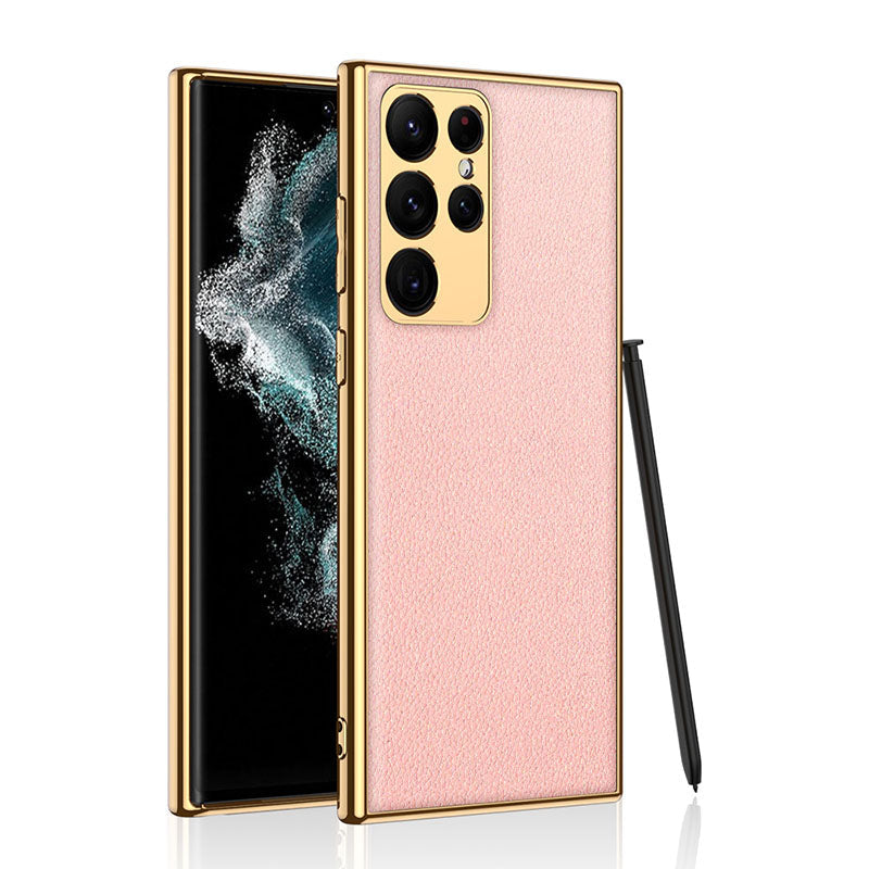 Golden Frame Leather Phone Case For Samsung Galaxy S21/22 Series