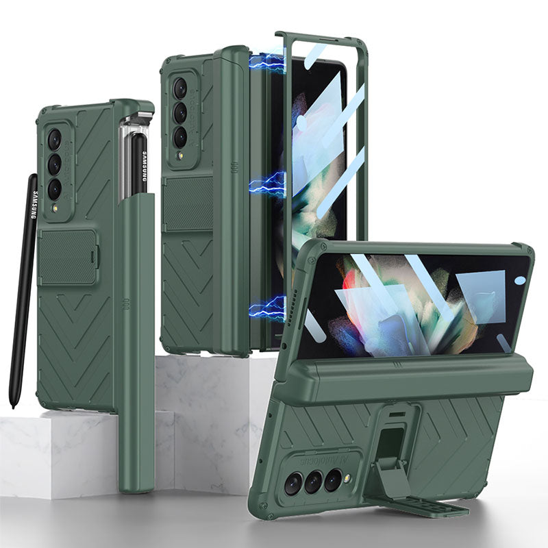 Magnetic Armor All-included Slide Pen Case With Back Screen Glass Hinge Holder Phone Cover For Samsung Galaxy Z Fold 3 5G