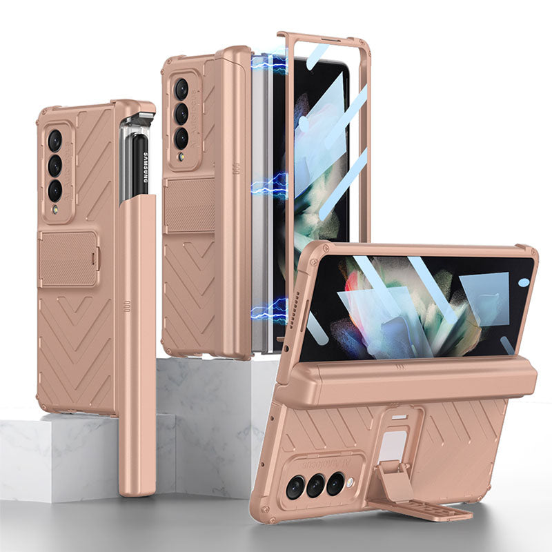 Magnetic Armor All-included Slide Pen Case With Back Screen Glass Hinge Holder Phone Cover For Samsung Galaxy Z Fold 3 5G