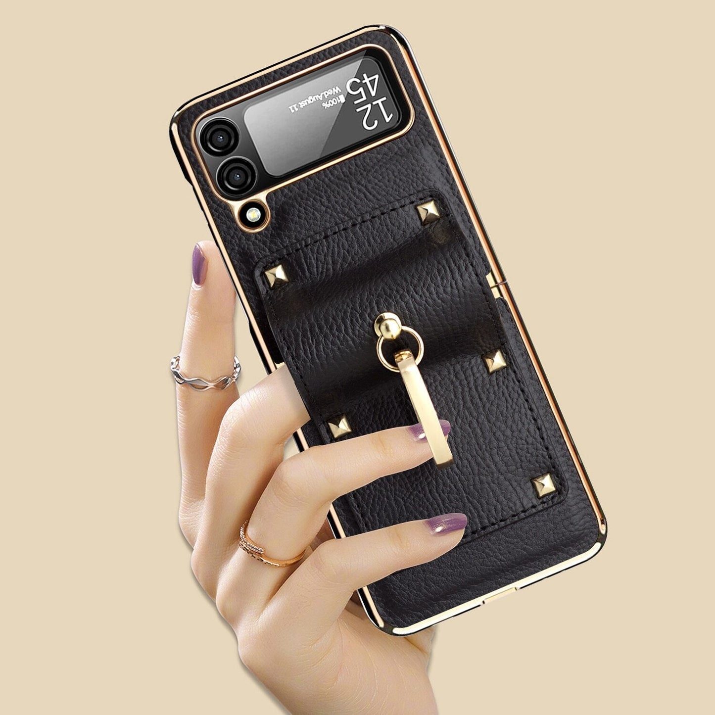 Samsung Galaxy Z Flip4 5G Case Plating Hinge PU Leather Protection Ring Stand Cover for Samsung Z Flip4
