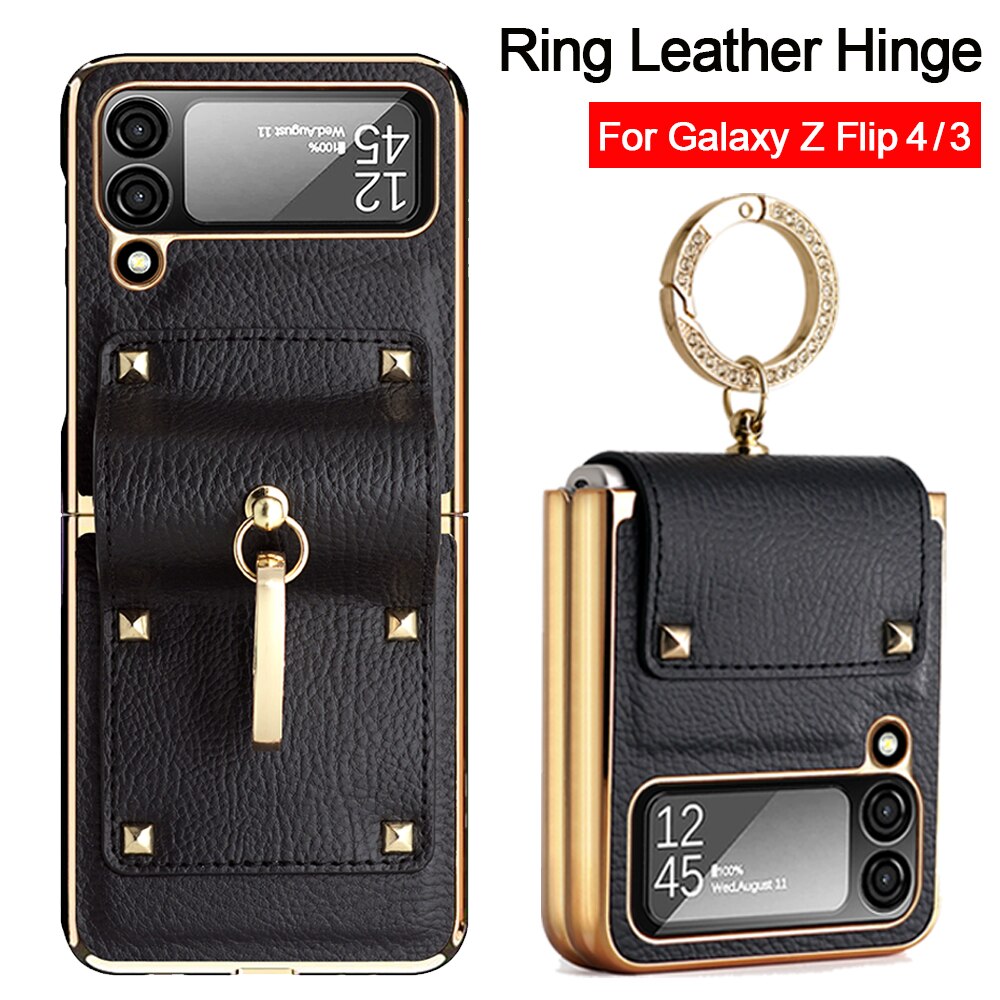 Samsung Galaxy Z Flip4 5G Case Plating Hinge PU Leather Protection Ring Stand Cover for Samsung Z Flip4