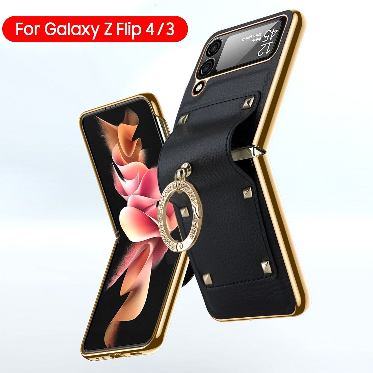 Samsung Galaxy Z Flip4 5G Case Plating Hinge PU Leather Protection Ring Stand Cover for Samsung Z Flip4