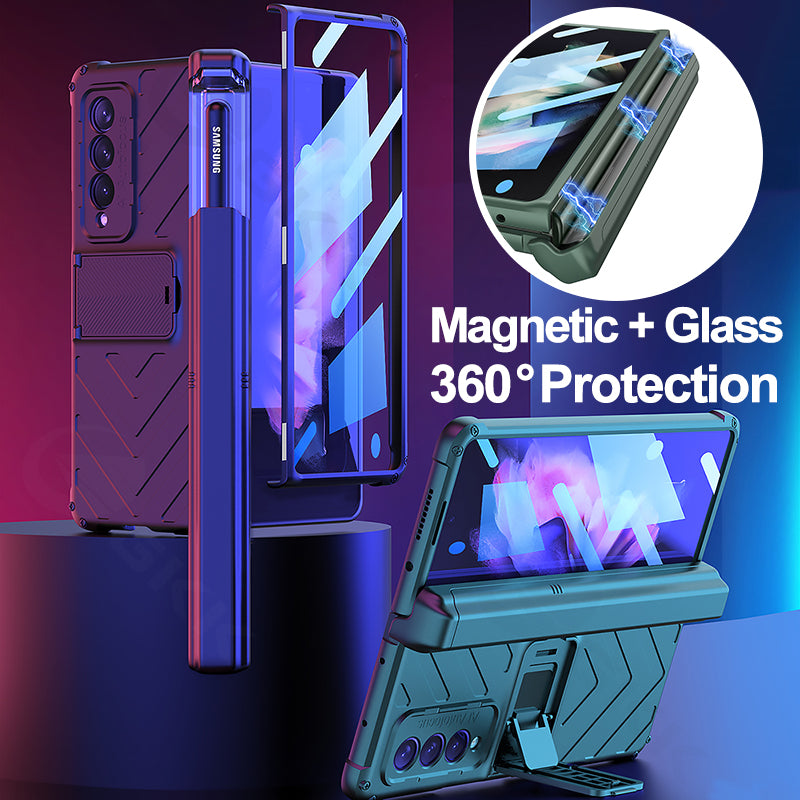 All-included Magnetic Hinge Screen Glass Case For Samsung Galaxy Z Fold 3 Case Slide Pen Holder Cover For Galaxy Z Fold3 5G