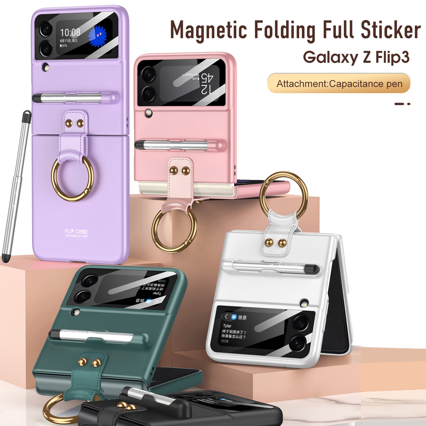 Samsung Galaxy Z Flip 3 5G Case With Capacitance Pen Slot Back Screen Glass Hard Cover For Samsung Z Flip3 5G