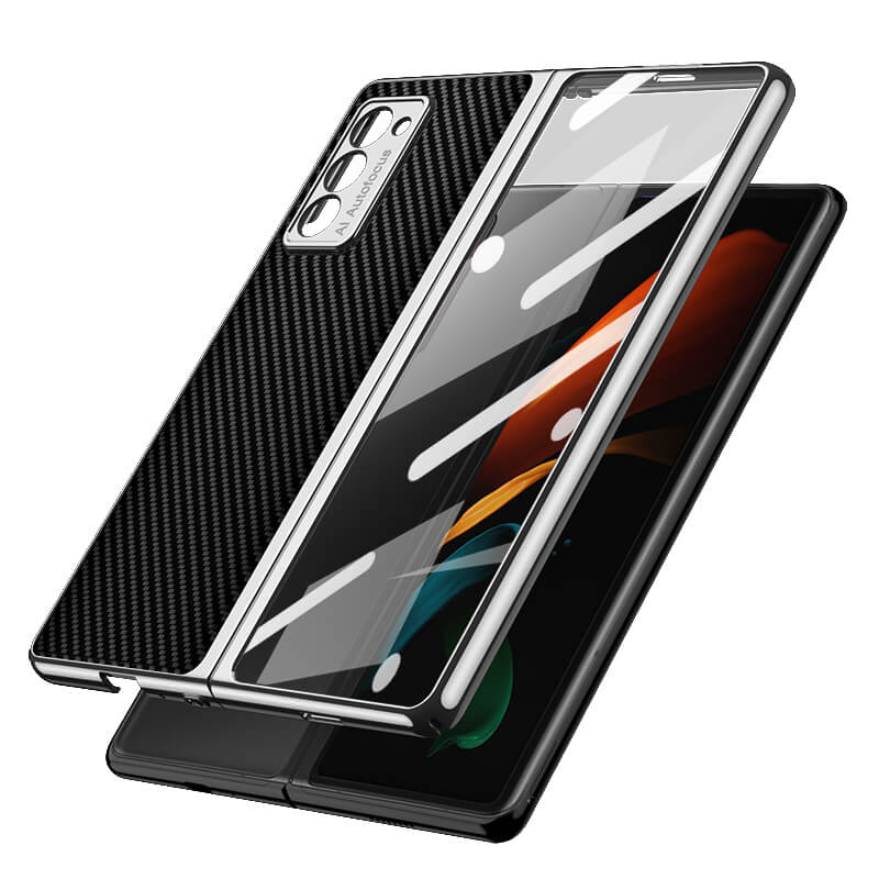 Luxury Leather Carbon Fiber Plating Case For Samsung Galaxy Z Fold3 Fold2 With Tempered Glass Screen