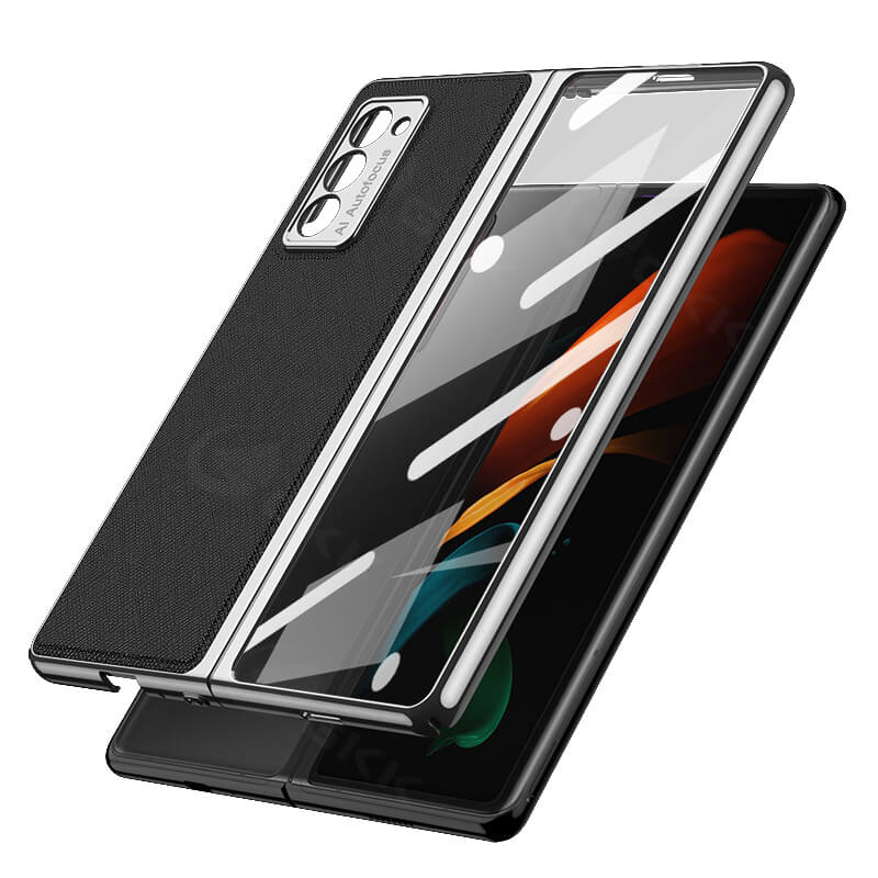 Luxury Leather Carbon Fiber Plating Case For Samsung Galaxy Z Fold3 Fold2 With Tempered Glass Screen