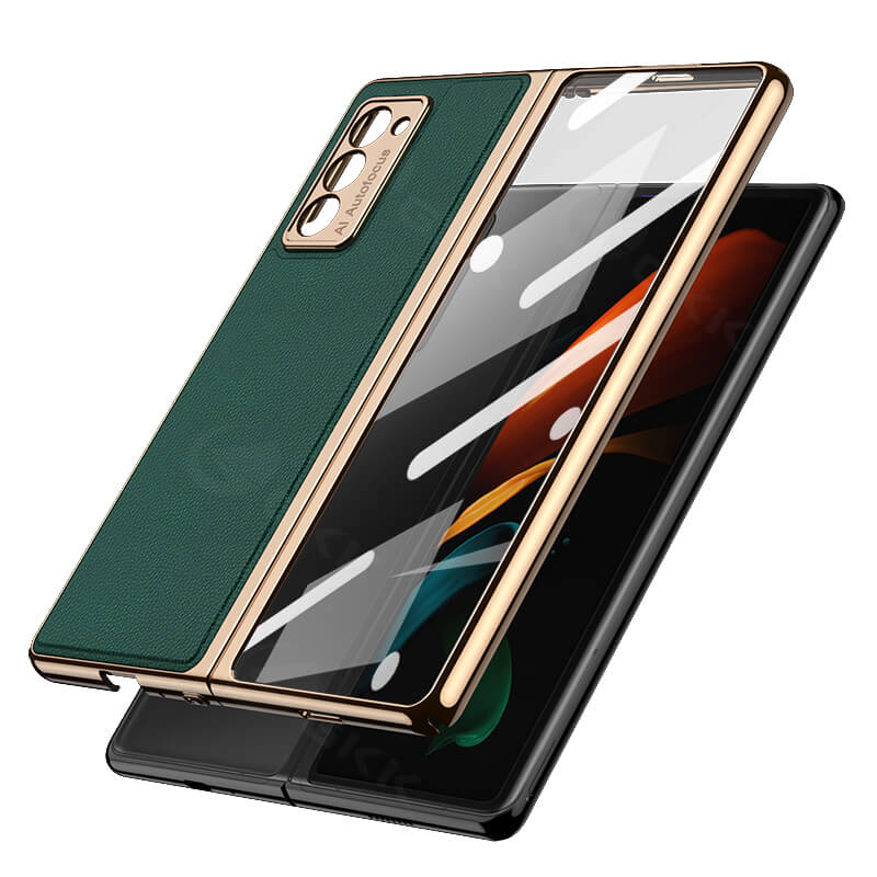 Luxury Leather Carbon Fiber Plating Case For Samsung Galaxy Z Fold3 Fold2 With Tempered Glass Screen