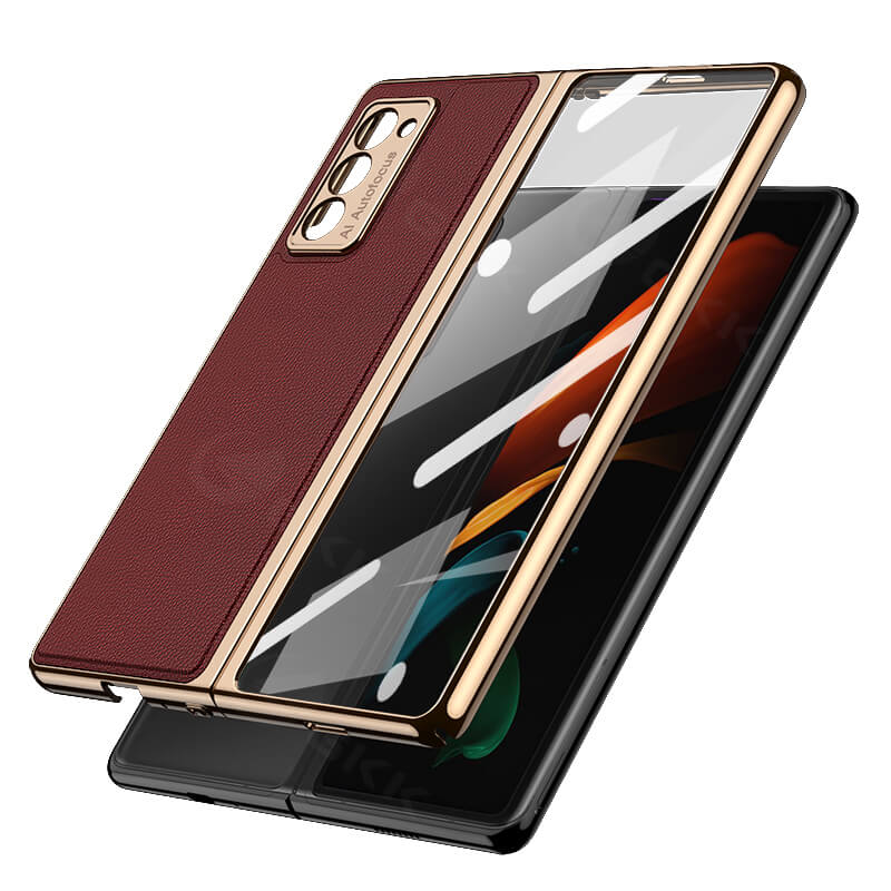 Luxury Leather Carbon Fiber Plating Case For Samsung Galaxy Z Fold3 Fold2 With Tempered Glass Screen