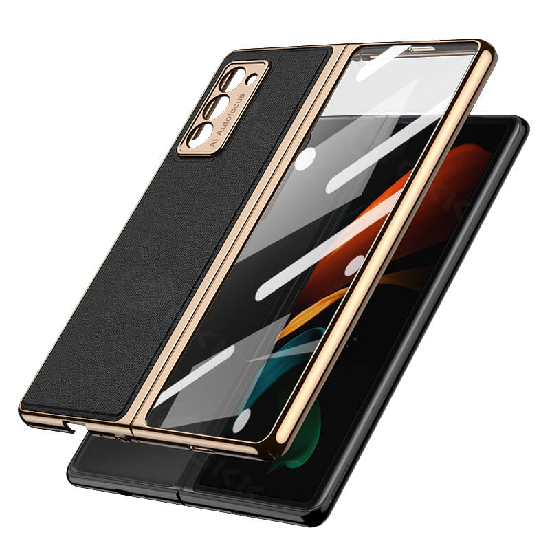 Luxury Leather Carbon Fiber Plating Case For Samsung Galaxy Z Fold3 Fold2 With Tempered Glass Screen