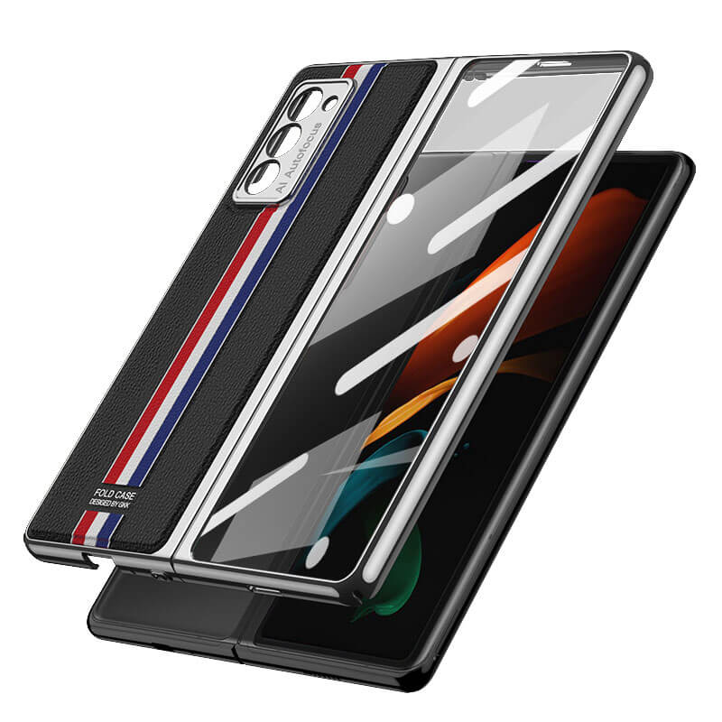 Luxury Leather Carbon Fiber Plating Case For Samsung Galaxy Z Fold3 Fold2 With Tempered Glass Screen