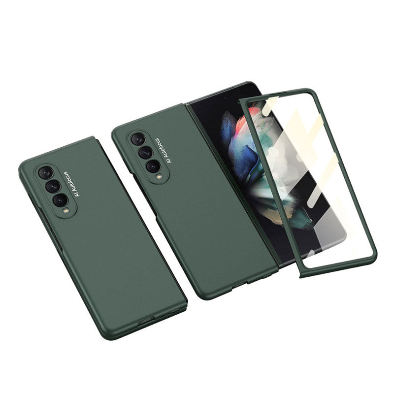 Luxury Leather Carbon Fiber Plating Case For Samsung Galaxy Z Fold3 Fold2 With Tempered Glass Screen