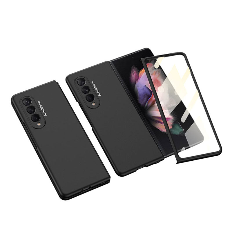 Luxury Leather Carbon Fiber Plating Case For Samsung Galaxy Z Fold3 Fold2 With Tempered Glass Screen
