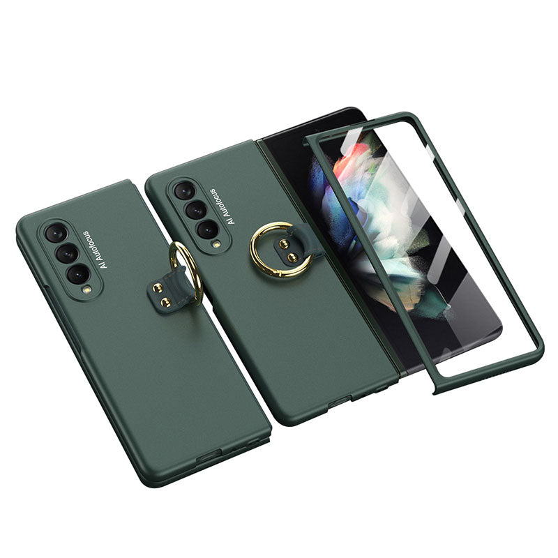 Luxury Leather Carbon Fiber Plating Case For Samsung Galaxy Z Fold3 Fold2 With Tempered Glass Screen