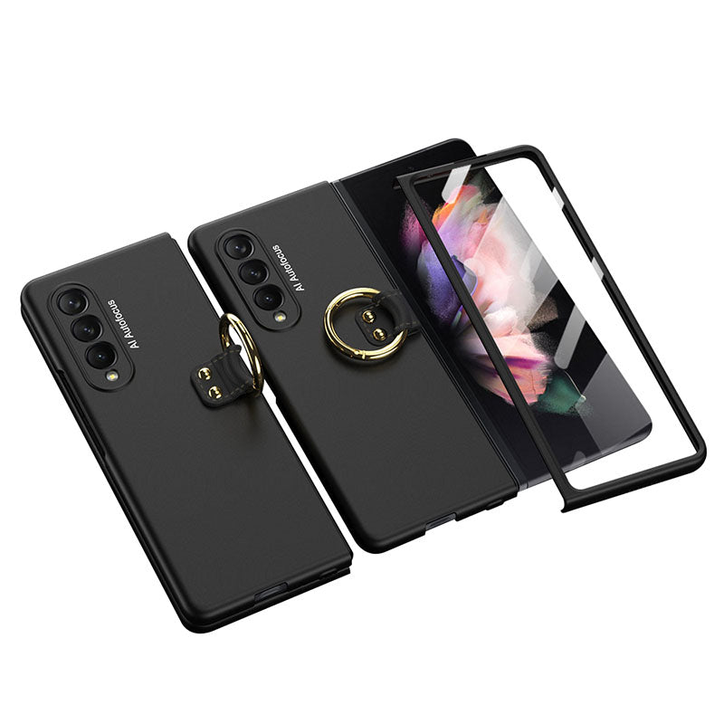 Luxury Leather Carbon Fiber Plating Case For Samsung Galaxy Z Fold3 Fold2 With Tempered Glass Screen