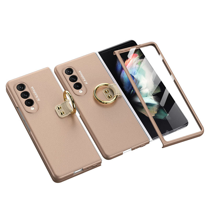 Luxury Leather Carbon Fiber Plating Case For Samsung Galaxy Z Fold3 Fold2 With Tempered Glass Screen