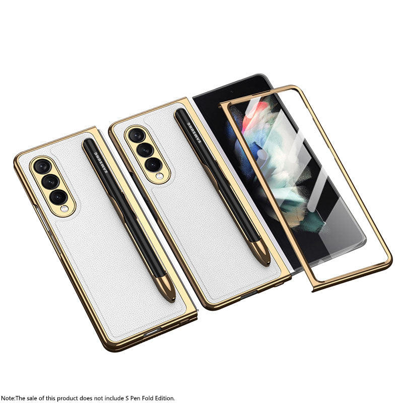 Luxury Leather Carbon Fiber Plating Case For Samsung Galaxy Z Fold3 Fold2 With Tempered Glass Screen
