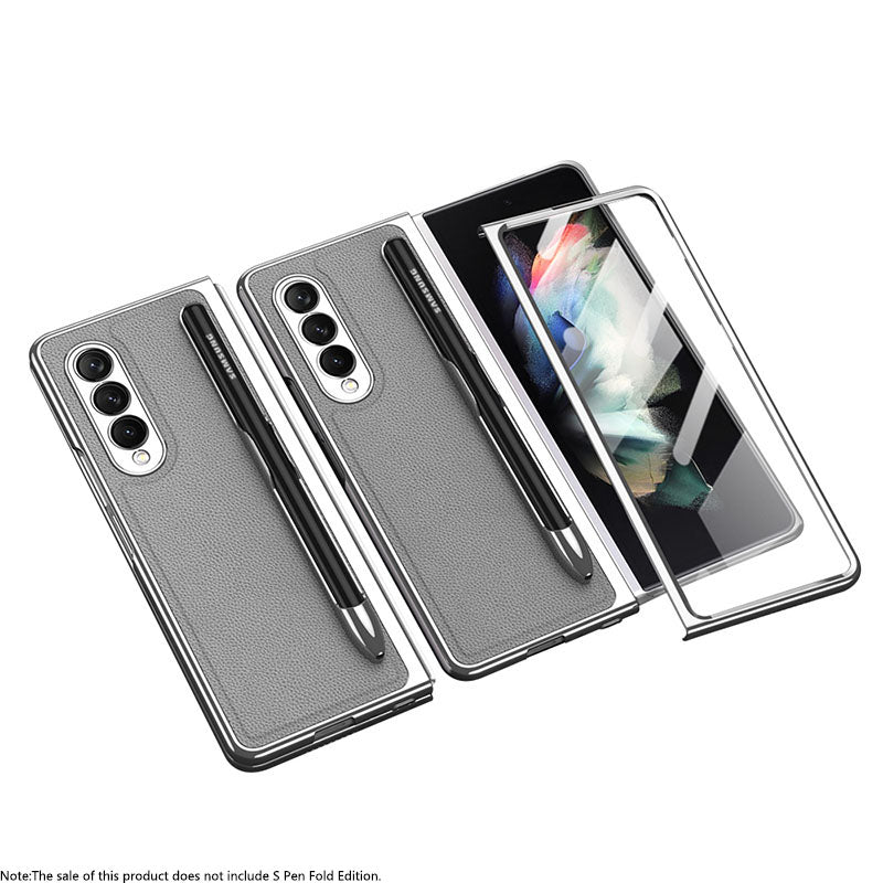 Luxury Leather Carbon Fiber Plating Case For Samsung Galaxy Z Fold3 Fold2 With Tempered Glass Screen