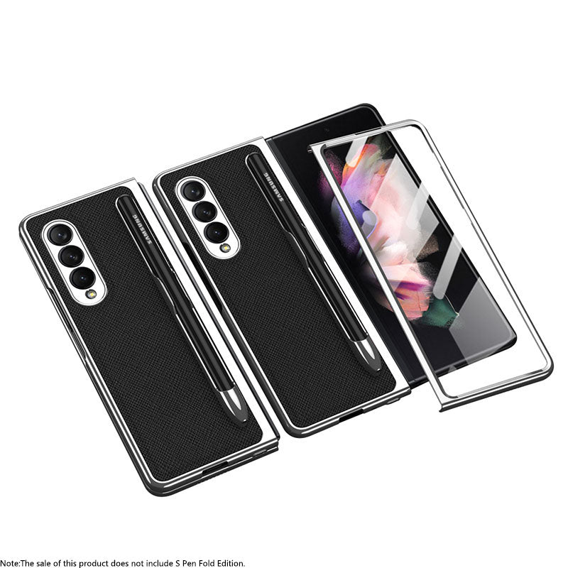 Luxury Leather Carbon Fiber Plating Case For Samsung Galaxy Z Fold3 Fold2 With Tempered Glass Screen