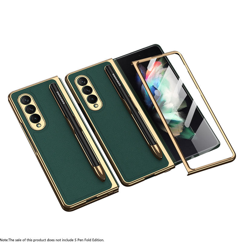 Luxury Leather Carbon Fiber Plating Case For Samsung Galaxy Z Fold3 Fold2 With Tempered Glass Screen