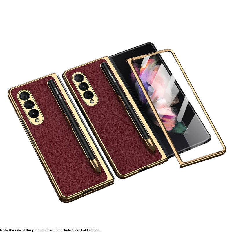 Luxury Leather Carbon Fiber Plating Case For Samsung Galaxy Z Fold3 Fold2 With Tempered Glass Screen