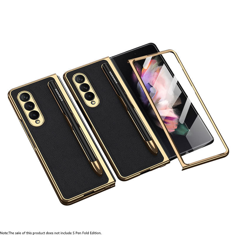 Luxury Leather Carbon Fiber Plating Case For Samsung Galaxy Z Fold3 Fold2 With Tempered Glass Screen