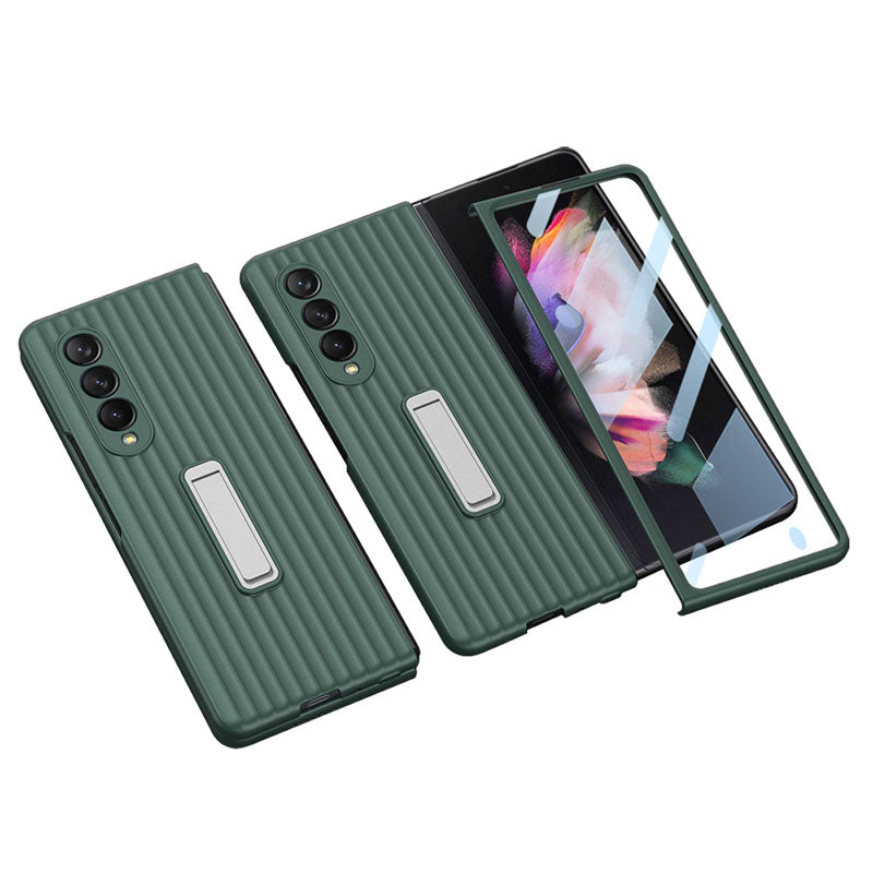 Luxury Leather Carbon Fiber Plating Case For Samsung Galaxy Z Fold3 Fold2 With Tempered Glass Screen