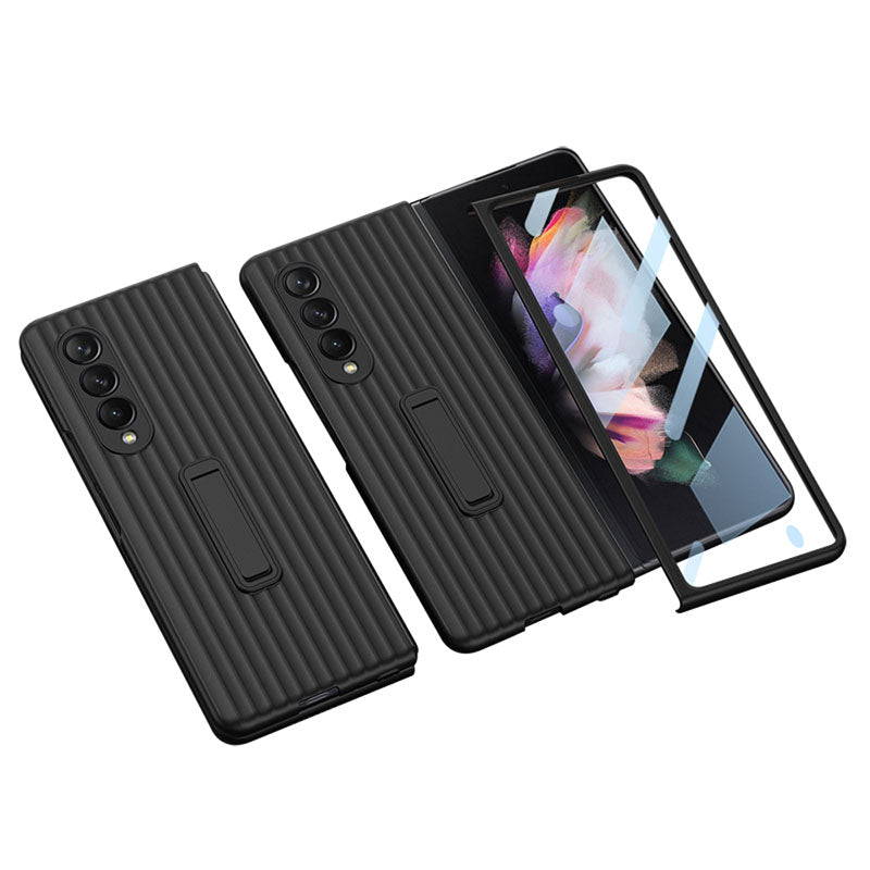 Luxury Leather Carbon Fiber Plating Case For Samsung Galaxy Z Fold3 Fold2 With Tempered Glass Screen
