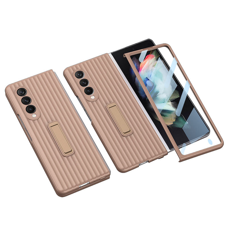 Luxury Leather Carbon Fiber Plating Case For Samsung Galaxy Z Fold3 Fold2 With Tempered Glass Screen