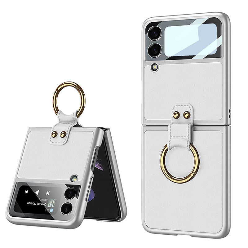 Original Leather Back Screen Tempered Glass Hard Frame Cover For Samsung Z Flip 3 5G