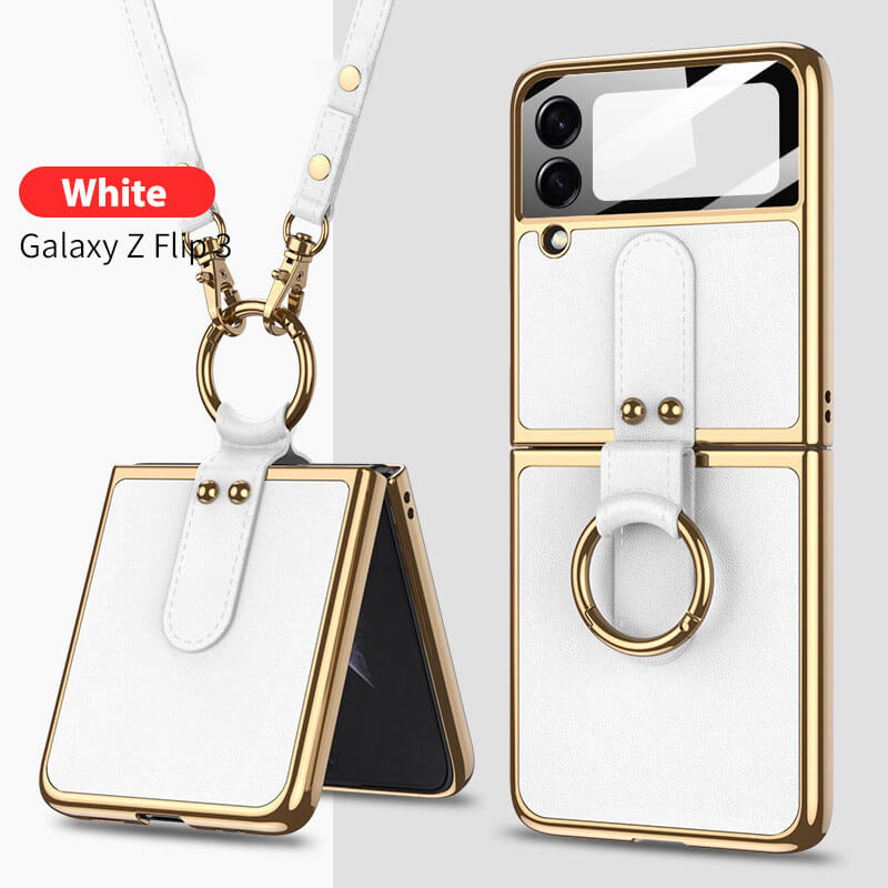 Luxury Leather Back Screen Tempered Glass Hard Frame Cover For Samsung Z Flip 3 5G With Lanyard