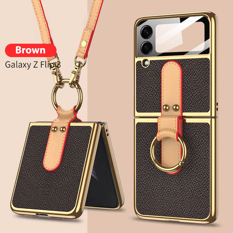 Luxury Leather Back Screen Tempered Glass Hard Frame Cover For Samsung Z Flip 3 5G With Lanyard