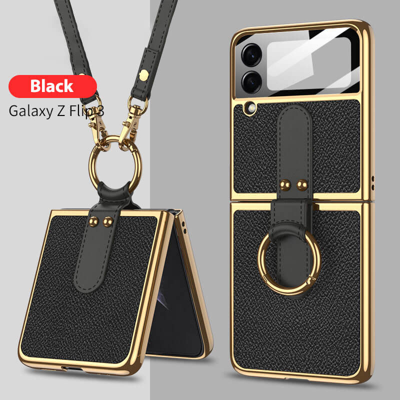 Luxury Leather Back Screen Tempered Glass Hard Frame Cover For Samsung Z Flip 3 5G With Lanyard