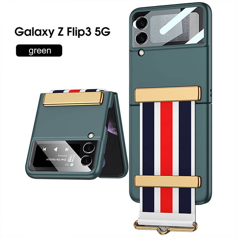 Original Leather Strap Holder Back Screen Glass Hard Cover For Samsung Z Flip 3 5G